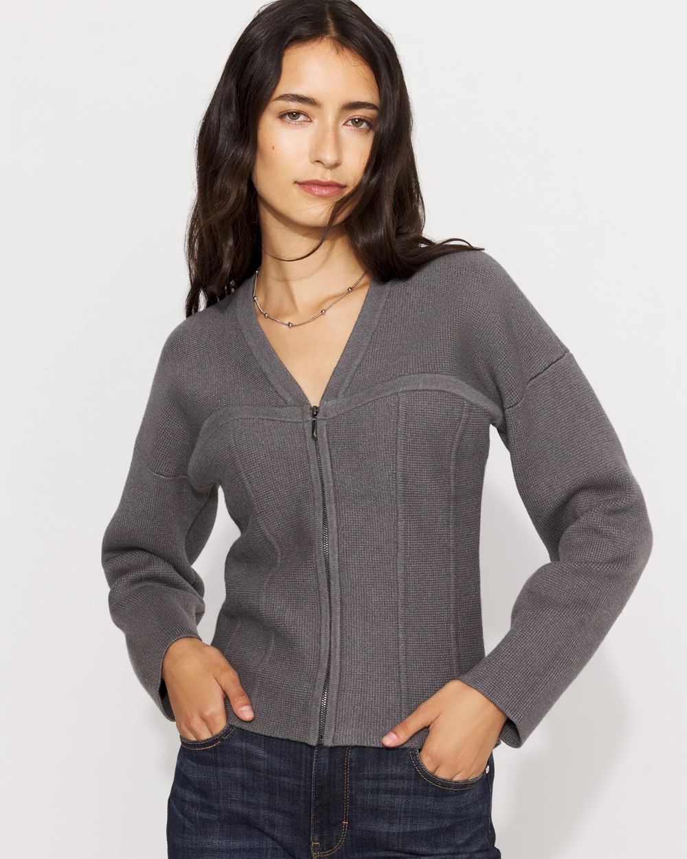 Corset Detail Zip-Up Sweater Jacket | White House Black Market